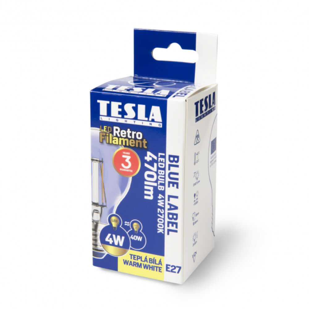 Tesla - LED Filament RETRO izzó, E27, 4W, 230V, 470lm, 2700K, 360°, clear termék 2. képe