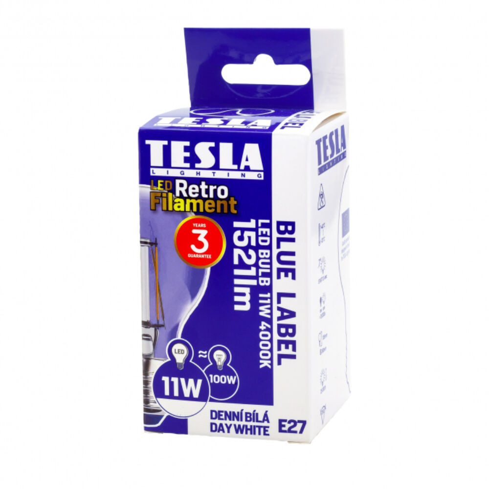 Tesla - LED izzó, E27, 11W, 230V, 1521lm, 2700K meleg fehér, 360°, clear termék 2. képe